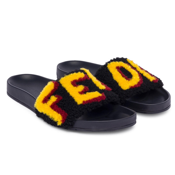 Fendi Mens Shearling Fur Logo Yellow Red Black Flat Slide Sandal Flip Flop 7 - Picture 2 of 12